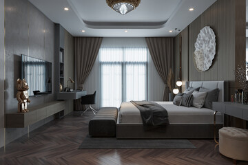 The interior design of Modern style bedroom along with Luxurious furniture, Large window for the modern lifestyle