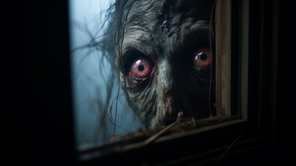Evil dead monster looking through window, horror in eyes. Scary monster is trying to get into house