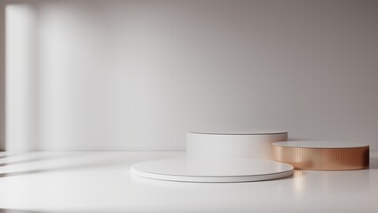 White empty podium or pedestal for product presentation on three floors. Round mockup platform on white background. 3d rendering	
