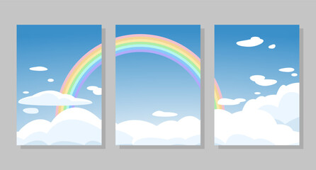 Set of sky background, frames. Rainbow and clouds. Vector illustration. Social media banner template for stories, posts, blogs, cards, invitations.