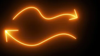 Fotobehang Abstract background with lines, Glowing orange neon arrow on black background, Glowing neon arrow wallpaper, Orange light arrow background © Tilak