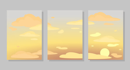 Set of sky background, frames. Sunset and clouds. Vector illustration. Social media banner template for stories, posts, blogs, cards, invitations.
