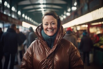 Portrait of a joyful woman in her 50s donning a durable down jacket against a bustling urban market. AI Generation