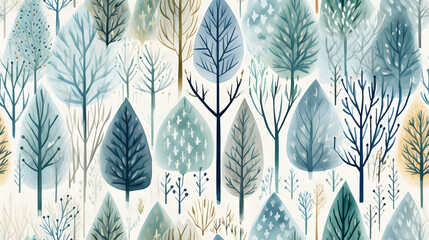 Winter snowy trees watercolor hand drawn seamless pattern
