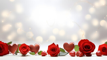 Cute White background red roses on the bottom and red hearts on the wall - Valentine Day Wallpaper Background - GEnerated by AI