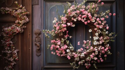 A floral wreath hung on a rustic wooden door, signaling the arrival of spring.