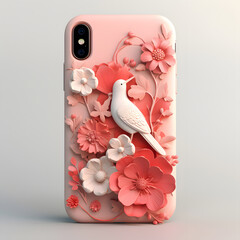 Smartphone mock up with pink flowers and birds isolated on pink background
