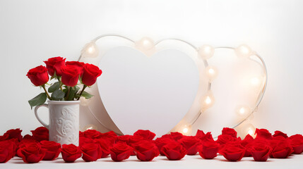 Cute White background red roses on the bottom and red hearts on the wall - Valentine Day Wallpaper Background - GEnerated by AI