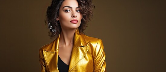 In her golden jacket the young and beautiful woman exuded pure glamour as people admired her hipster fashion sense in a fun and stylish portrait - obrazy, fototapety, plakaty