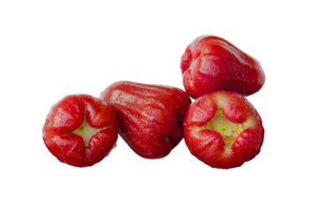Rose apple fruits or Wax apple (Syzygium samarangense) with other names like Chompoo-ThabThimChan. It has smooth, glossy, red surface, sweet and crispy taste. On white background, PNG.