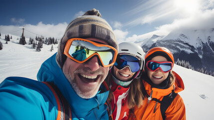 Happy group of skiers taking selfie sitting on winter slope - obrazy, fototapety, plakaty