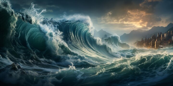 a huge storm surge with a deadly tidal wave is racing towards a large city