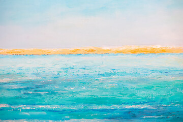 Abstract oil paint drawing of a sea of sand and sky. The backdrop of a calm, tranquil sea.