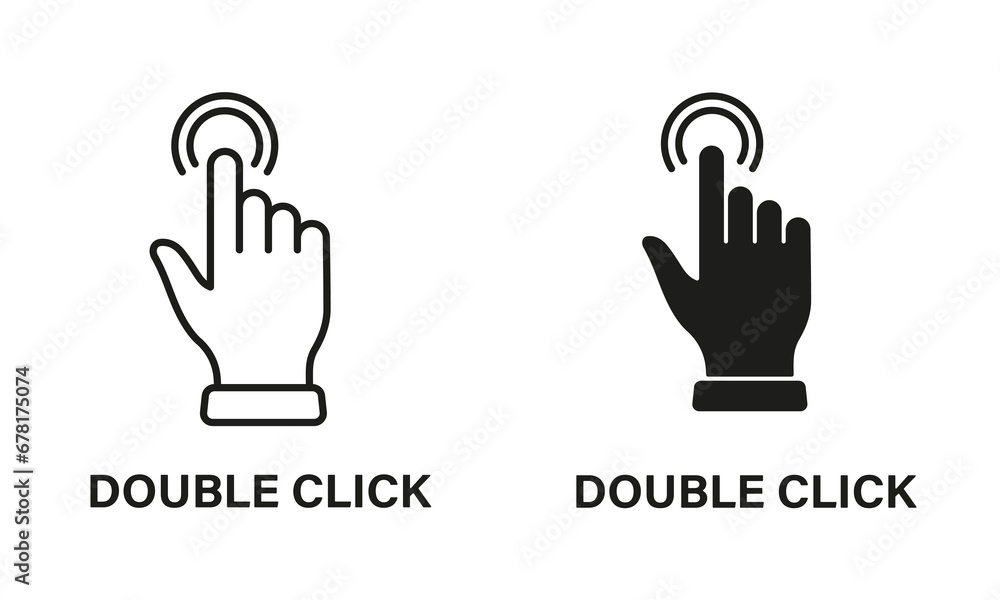 Poster double click gesture, hand cursor of computer mouse line and silhouette black icon set. pointer fing