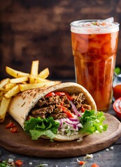 Doner kebab peta bread with fries and can of drink