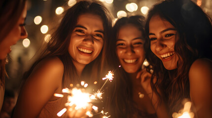 Group of girls friends having fun for celebration and holding a burn sparkler lights - Powered by Adobe
