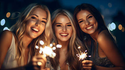Obraz premium Group of girls friends having fun for celebration and holding a burn sparkler lights