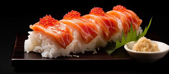 In Japanese cuisine a healthy and delicious dinner is often prepared with red salmon and shrimp served over sushi rice showcasing the cultures love for seafood and cooking with fresh ingred