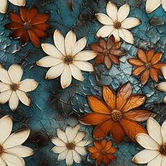 Seamless cracked vintage flowers leather background, decorative pattern, ai generative