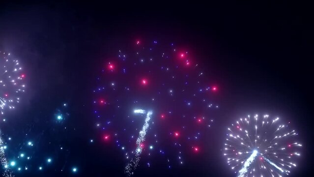 Best beautiful color fireworks in night sky. Real time, outdoor, show, event, party, festive, holiday, effect, bright, light, flash, shiny, fun, dark, motion, view, shot, close up, hd. ProRes 422 HQ.