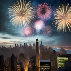 City Skyline with Fireworks - obrazy, fototapety, plakaty