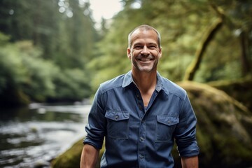 Naklejka na ściany i meble Portrait of a smiling man in his 50s sporting a versatile denim shirt against a tranquil forest stream. AI Generation