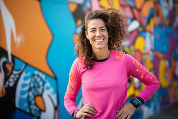 Portrait of a joyful woman in her 30s sporting a breathable mesh jersey against a vibrant graffiti...