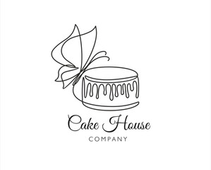 Obraz premium continuous one line drawing of Cake with butterfly isolated on white background for logo or decorative element. Vector illustration of sweet dessert form in trendy outline style.