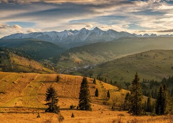 Fototapeta premium Autumn mountains landscape. Beautiful autumn with trees under the Tatra Mountains at sunrise. Sun moutain forest fog landscape at sunset on meadow.
