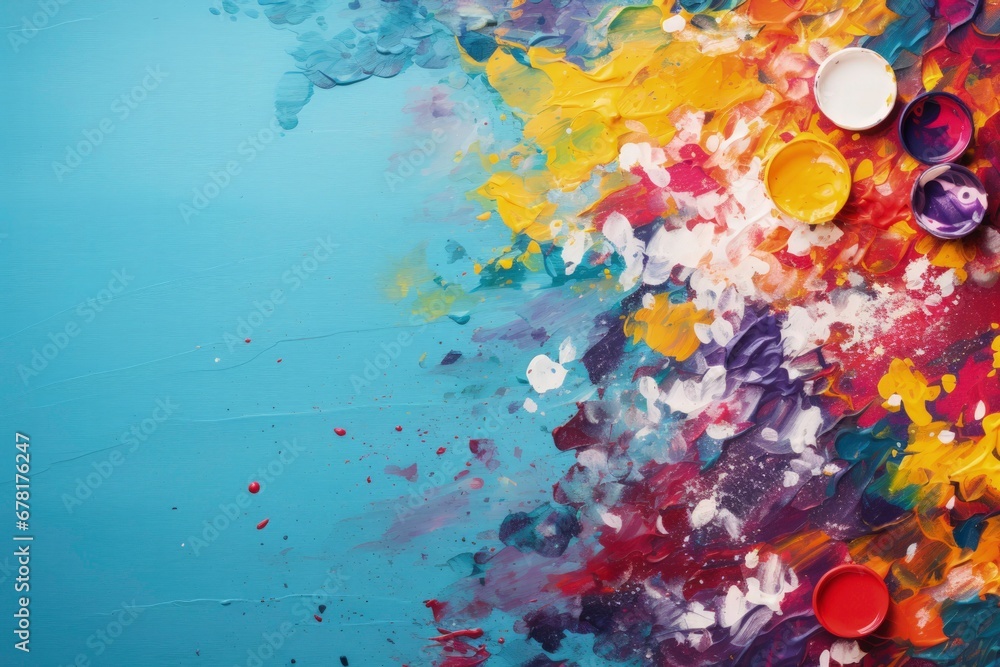 Poster art therapy materials scattered colorful background with empty space for text