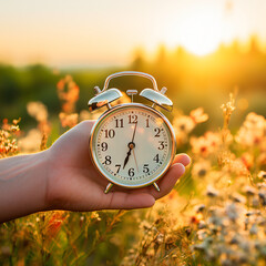 Alarm clock in hand on natural background. Summer