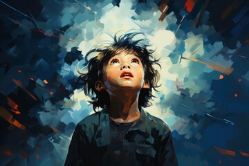 A child transforming trauma into art isolated on a blue gradient background  - obrazy, fototapety, plakaty