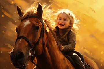 Obraz premium A horse giving an autistic child a joyful ride isolated on a golden gradient background 