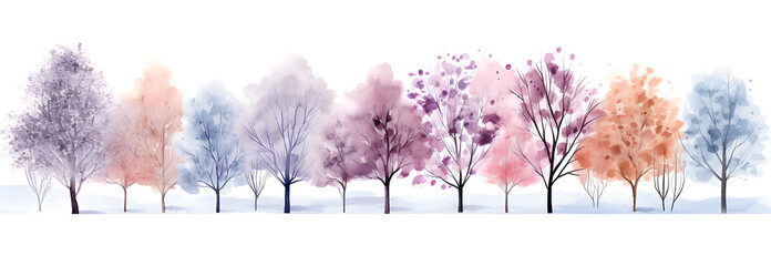 Winter snowy trees watercolor horizontal banner isolated on white background