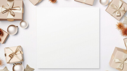 Merry Christmas and Happy New Year greeting card mockup. Top view, flat lay.