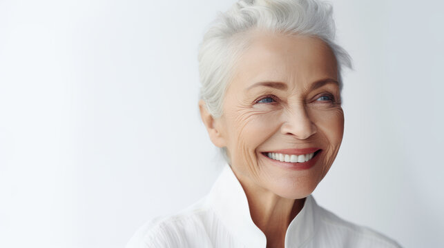 Close up portrait of beautiful older smiling woman in the studio on white background with copy space