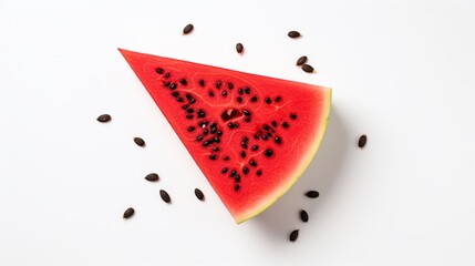 A freshly sliced watermelon with vibrant red pulp and black seeds, positioned centrally against a neutral white background.