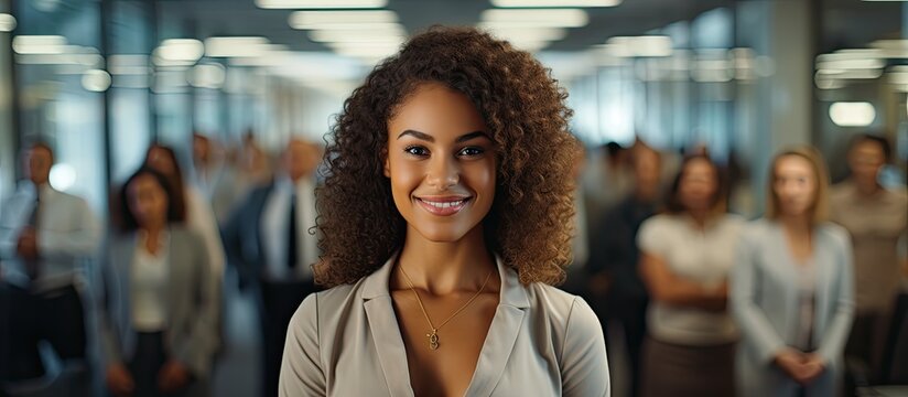 In The Background Of A Bustling Office A Young And Beautiful Black Woman Exudes Confidence And Happiness As She Leads Her Team With The Grace Of A True Corporate Leader All While The Camera 