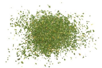 Chopped dry parsley leaves, pile isolated on white background, top view
