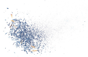Blue pencil tip shavings from sharpener isolated on white background and texture, top view
 - obrazy, fototapety, plakaty