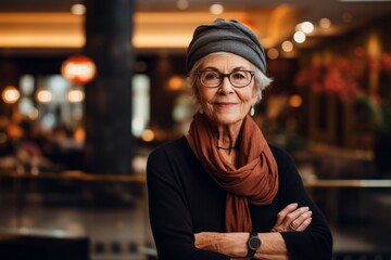 Portrait of a content woman in her 70s sporting a trendy beanie against a luxurious hotel lobby. AI Generation