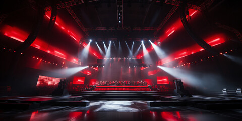 Event stage with award podium and light beams, red, white, black tone