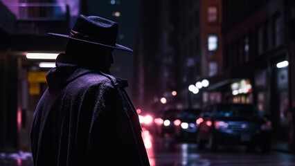 Urban superhero in a black hat and coat. Mysterious night guardian of law and order,  crimefighter. Superheroes wear capes. - obrazy, fototapety, plakaty