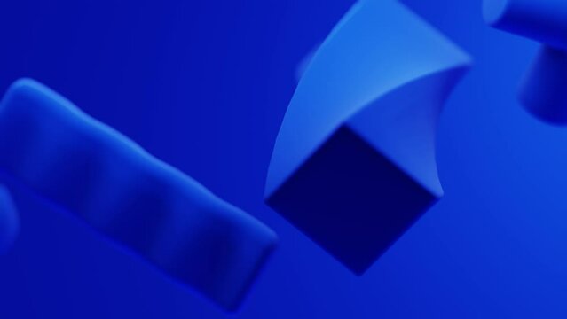 Abstract many blue shapes flying spin on blue background, looped , 4k resolution