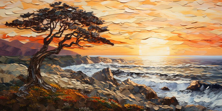 Textured painting depicting Coastline, Hills and Lonely Tree, Sandy Beach, Waves hitting Rocks, Sunrise