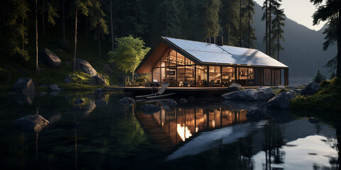 Fototapeta na wymiar modern Norwegian villa near a mountain lake