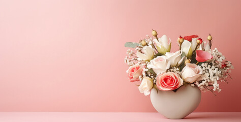 A few white and pink flowers on a pastel pink background. Place for text