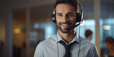 a man with a headset takes a call in a call center - Powered by Adobe