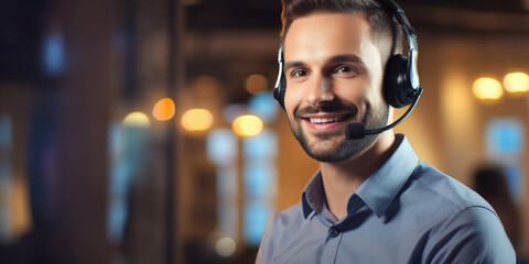a man with a headset takes a call in a call center