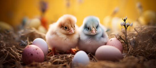 Cute little and cute yellow chickens with Easter eggs